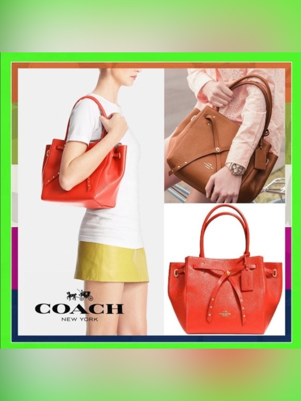 COACH 35838 WATERMELON TURNLOCK TIE SMALL LEATHER SATCHEL MSRP $395 dust bag - Picture 6 of 15